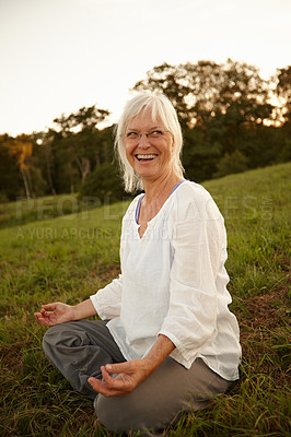 Buy stock photo Meditation, lotus pose and senior woman outdoor for relax, calm and grounding exercise in morning. Health, peaceful and senior female person in padmasana for flexibility, balance and mindfulness.