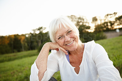 Buy stock photo Vacation, happy and portrait of senior woman with confidence for retirement, smile and outdoor exploring. Nature, mature person and relax in New York park for holiday, tourism and health or wellness