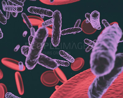 Buy stock photo Bacteria, cell and molecule with abstract, render or illustration of blood cells. Immune system, micro biology and sick for science, microscope and medical research for sepsis or senolytics treatment