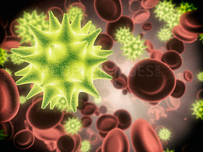 Buy stock photo Blood, virus and molecule with abstract, render or illustration of bacteria cell. Immune system, micro biology and sick for science, microscope and medical research for sepsis or senolytics treatment