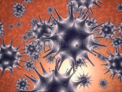 Buy stock photo Infection, cell and molecule with abstract, render or illustration of virus. Immune system, micro biology and sick for science, microscope and medical research for sepsis or senolytics treatment