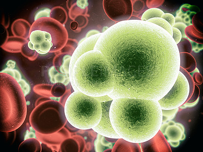 Buy stock photo Bacteria, blood and molecule with abstract, render or illustration of particle. Immune system, micro biology and sick for science, microscope and medical research for sepsis or senolytics treatment