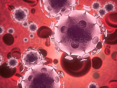 Buy stock photo Virus, germ and molecule with abstract, render or illustration of blood cells. Immune system, micro biology and sick for science, microscope and medical research for sepsis or senolytics treatment