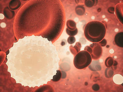 Buy stock photo Blood virus, cell and molecule with abstract, particle or 3d microbe of bacteria. Immune system, micro biology and sick for science, microscope and medical research for sepsis or senolytics treatment