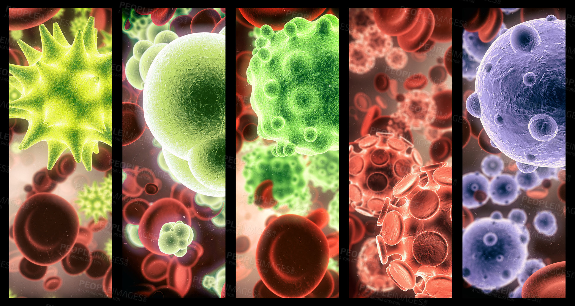 Buy stock photo Virus, bacteria and cell structure of disease closeup in series for medical investigation or research. Covid, particle and healthcare with a microscope view of living molecule samples for biology