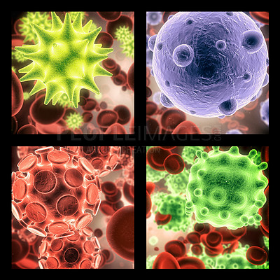 Buy stock photo Virus, bacteria and molecule structure of disease closeup in series for medical investigation or research. Covid, particle and healthcare with a microscope view of living cell samples for biology