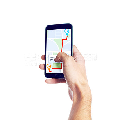 Buy stock photo Studio shot of a hand holding a smartphone showing gps data