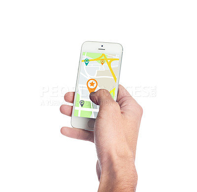 Buy stock photo Closeup, hand and smartphone with gps, travel and digital information isolated against white studio background. Person, traveler or holding a cellphone, mobile app and website for direction and a map