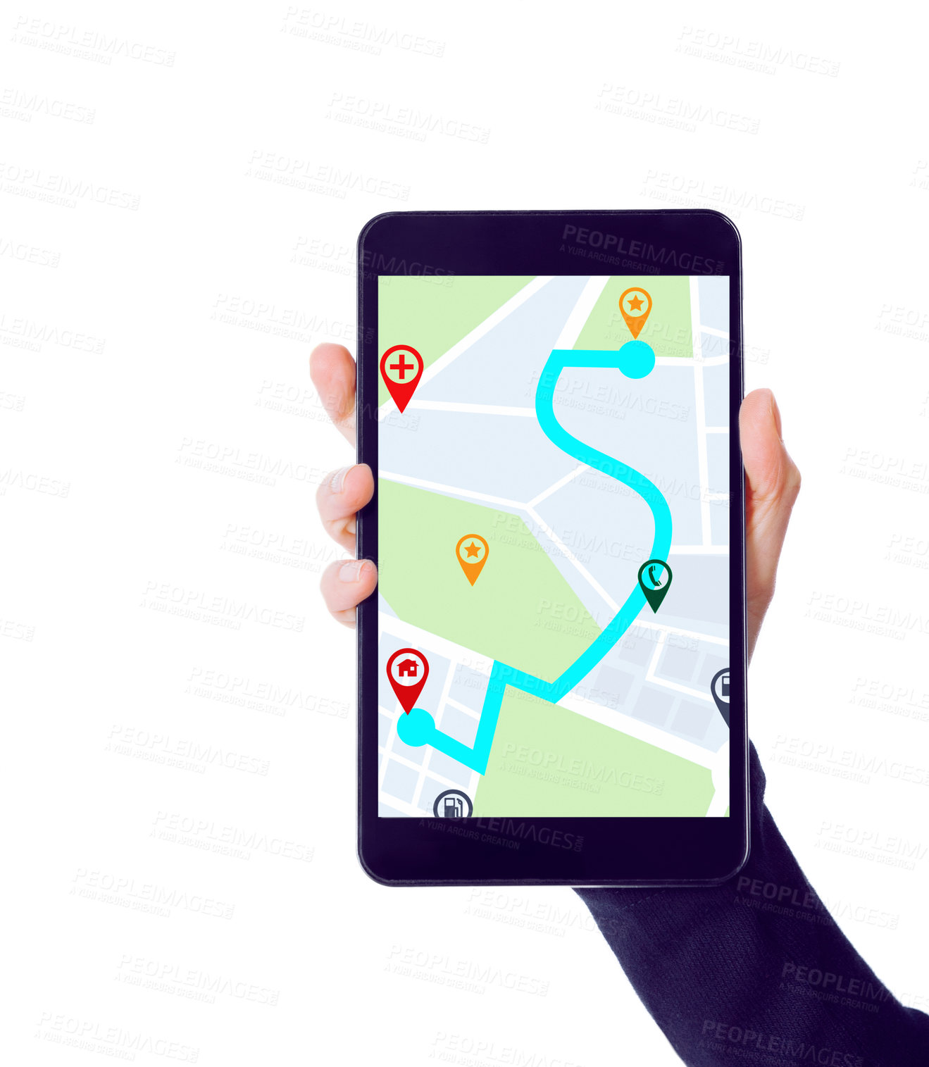 Buy stock photo Hands with mobile app, screen or online location for city travel on road map or direction route on white background. Mockup or person with phone ux display of journey, navigation or virtual guide 