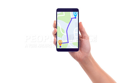 Buy stock photo Shot of a hand holding a smartphone showing gps data