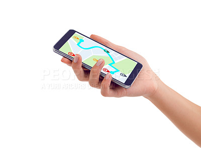 Buy stock photo Shot of a hand holding a smartphone showing gps data