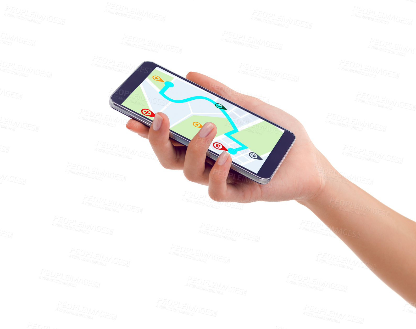 Buy stock photo Shot of a hand holding a smartphone showing gps data