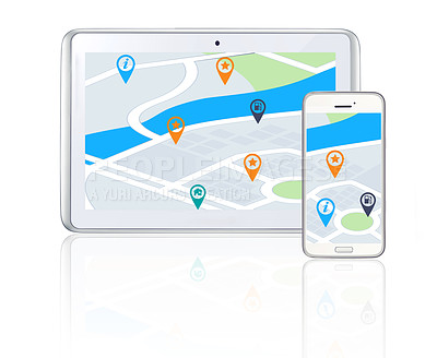 Buy stock photo Tablet, smartphone or online location to travel on city road map or direction route on screen or white background. Mockup, digital or mobile app ux journey display, global navigation or virtual guide