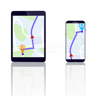 Buy stock photo Tablet, smartphone or direction on road map to travel on city location or route on screen or white background. Mock up, digital or mobile app ux journey display, global navigation or virtual guide 