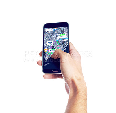 Buy stock photo Hands with mobile, screen or location to travel on city road map or direction route on white background. Mockup, iot or person with phone app ux display of journey trip, navigation or virtual guide