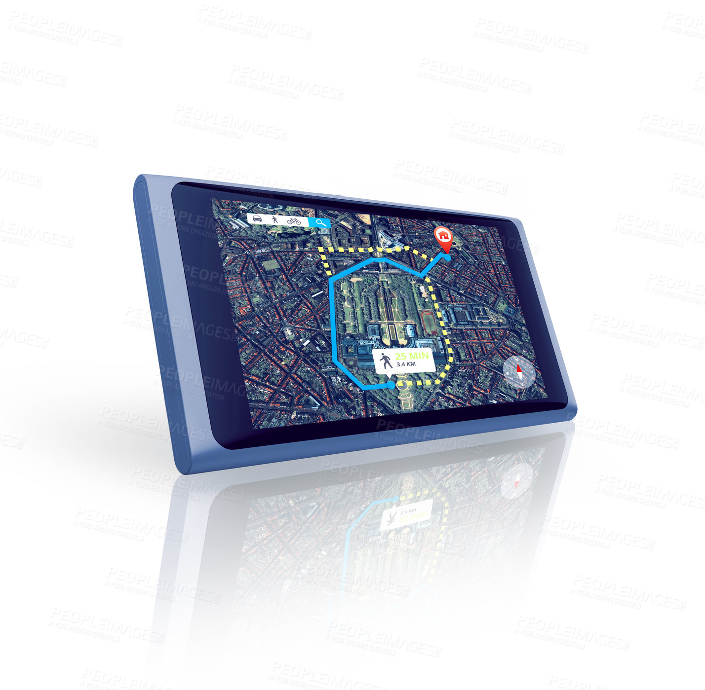 Buy stock photo Tablet, screen or location search to travel on digital global road maps or direction route on white background. Mockup, worldwide or mobile app ux display of journey trip, navigation or virtual guide