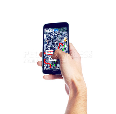 Buy stock photo Hands with phone, screen or gps location for city travel on road map or direction route on white background. Mockup or person with mobile app ux display of journey trip, navigation or virtual guide