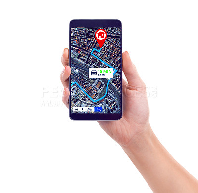 Buy stock photo Map, hand of person holding smartphone and location showing on digital gps in white background. Technology or tracking, cellphone with spot or position of vehicle or car and in studio backdrop