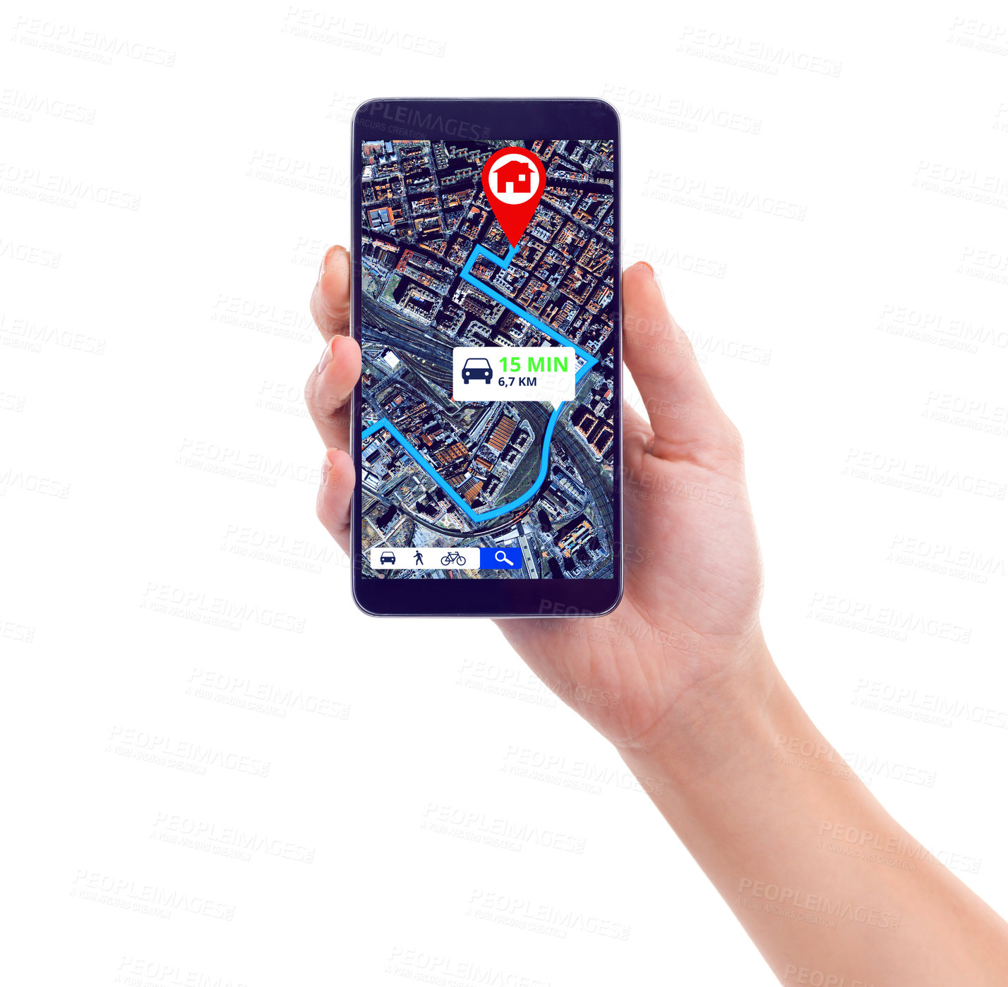 Buy stock photo Map, hand of person holding smartphone and location showing on digital gps in white background. Technology or tracking, cellphone with spot or position of vehicle or car and in studio backdrop