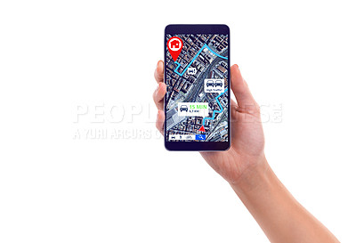 Buy stock photo Map, traffic and transport with a phone in hand for travel directions, location or navigation in studio. Mobile, taxi and search for an address with a person using satellite on a white background