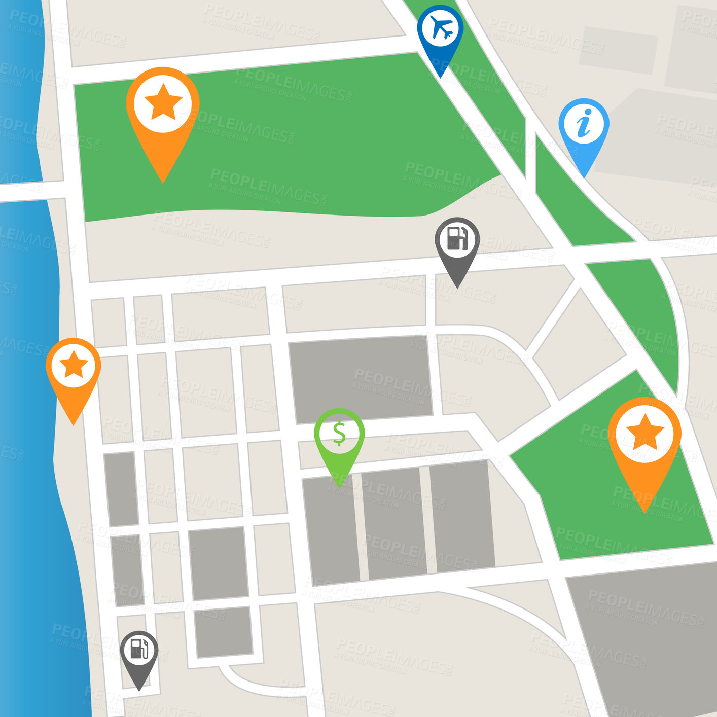 Buy stock photo Map, illustration and road of route, icon and navigation of city, street and landmark in app, website and online. Guide, location and direction for journey, info and travel for above and digital