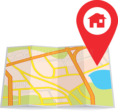 Buy stock photo Map, icon and way of road, guide and navigation of city, street and landmark in app, website and online. Digital, location and direction for journey, info and travel to route, trip and illustration