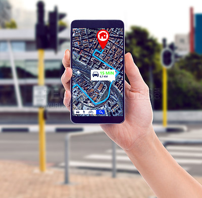 Buy stock photo Closeup, city and hand with a smartphone, map and connection for direction, travel or streets. Holding a cellphone, person or traveler with a mobile app, roads or technology for transport or location