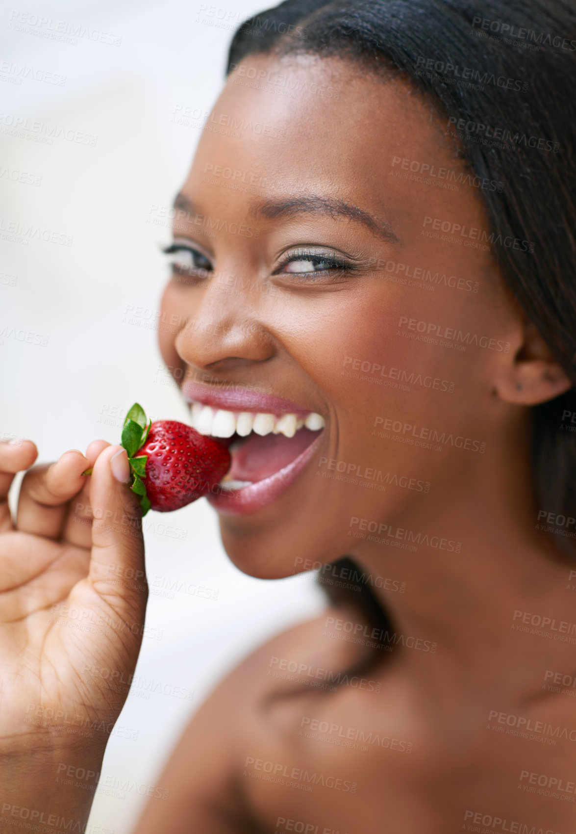 Buy stock photo Black woman, portrait and healthy strawberry in home for diet, nutrition and organic fruits for wellness. Female person, eating and morning breakfast in kitchen, vegan and paleo food for weight loss