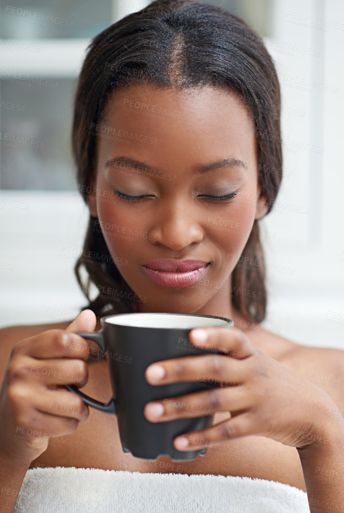 Buy stock photo Black woman, smell coffee and relax in home for peace, calm or thinking of espresso for wellness. Eyes closed, morning and aroma of healthy tea drink, fresh scent and dream of latte to enjoy beverage