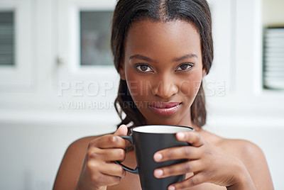 Buy stock photo Black woman, portrait and coffee in house to relax, morning routine and positive mood with warm drink. Female person, face and hot beverage in home as latte or tea for chilling, comfort and weekend