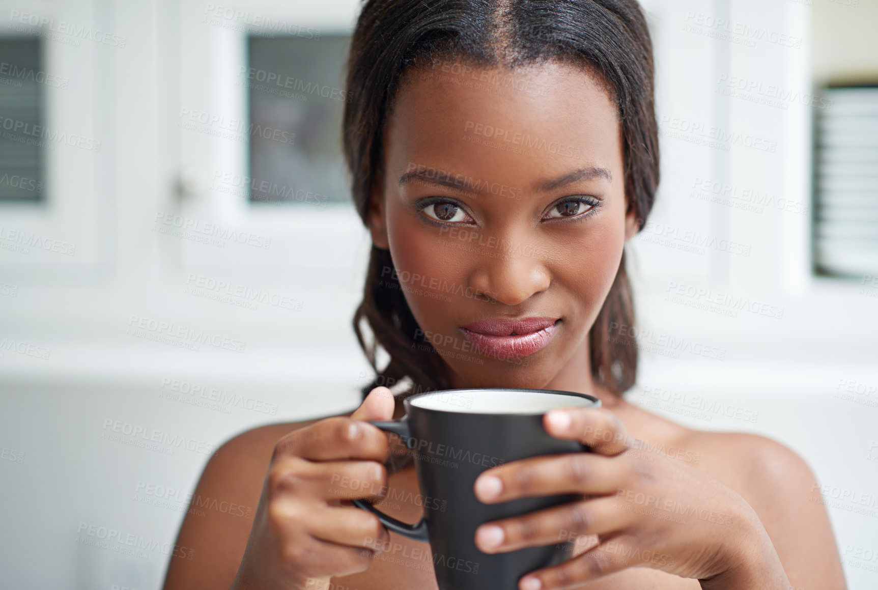 Buy stock photo Black woman, portrait and coffee in house to relax, morning routine and positive mood with warm drink. Female person, face and hot beverage in home as latte or tea for chilling, comfort and weekend