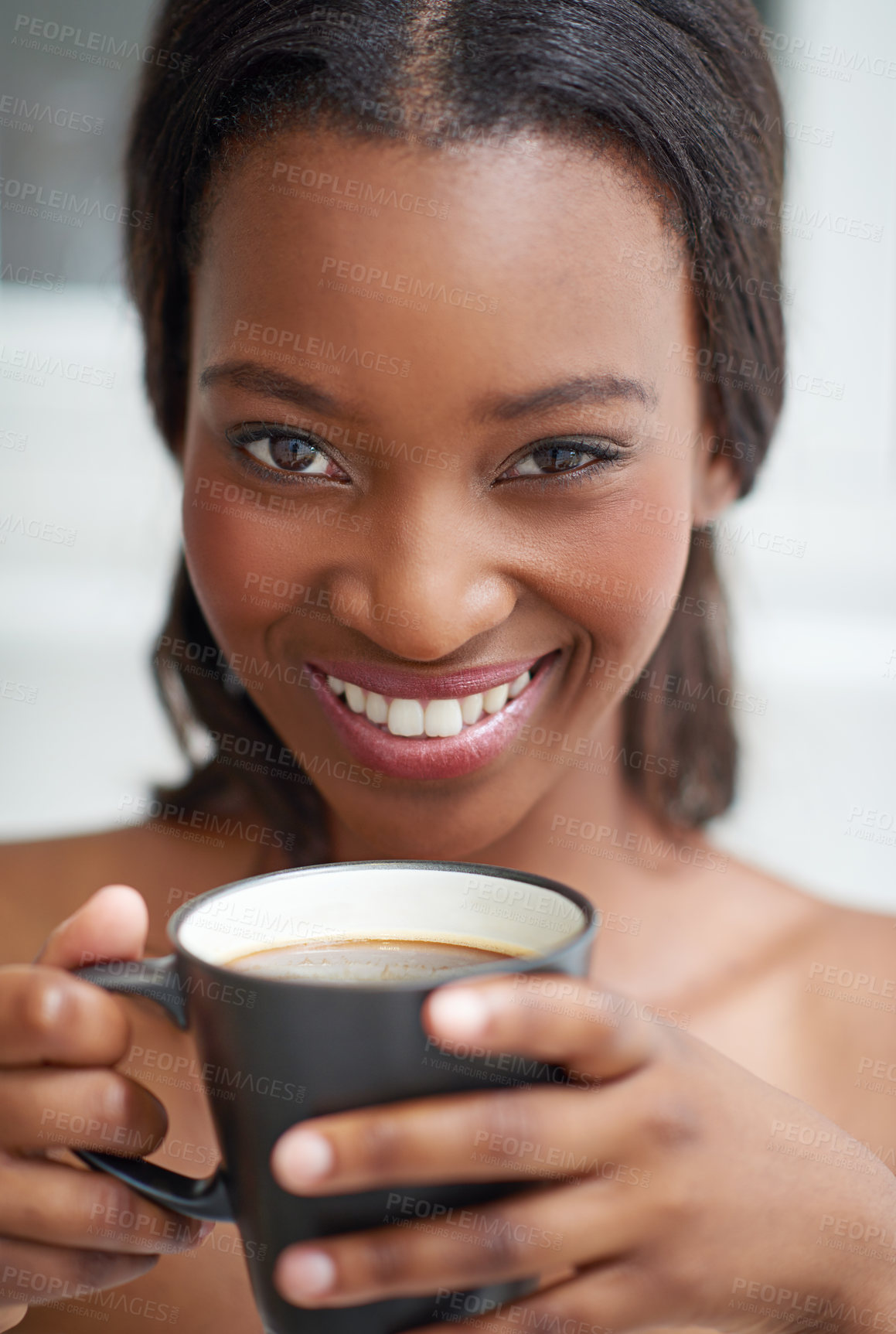 Buy stock photo Black woman, smile and coffee in apartment for relax, morning routine and positive mood with warm drink. Female person, portrait and beverage in home as latte or tea for chilling, comfort and weekend