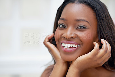 Buy stock photo Happy, black woman and portrait in home for skincare, personal facial treatment and grooming routine. Girl, bathroom and skin tone of organic cosmetics, natural beauty and glow of self care in house.