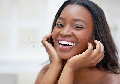 Buy stock photo Smile, black girl and portrait in bathroom for skincare, personal facial treatment and grooming routine. Woman, home and skin tone of organic cosmetics, natural beauty and glow of self care in house.