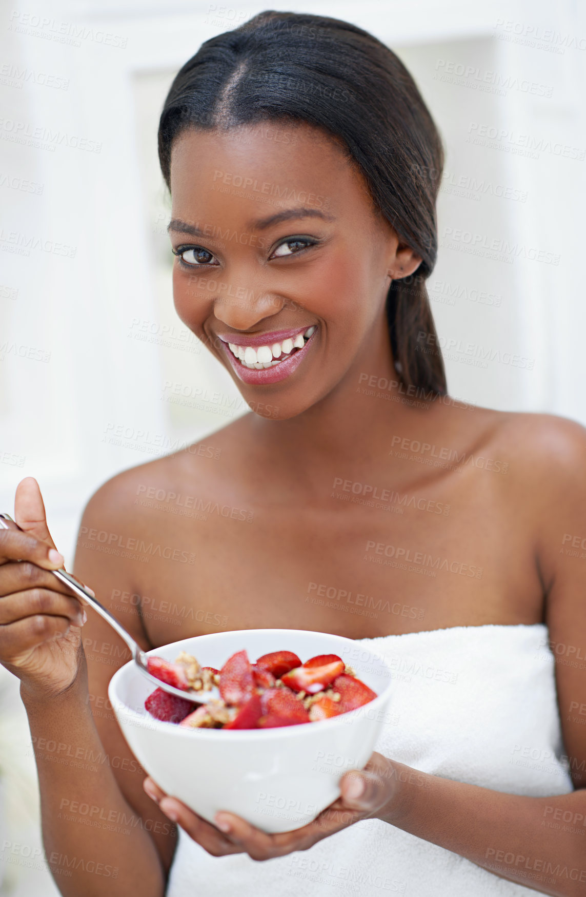 Buy stock photo Black woman, portrait and strawberry in home for health, nutrition and organic fruit for wellness. Female person, relax and morning breakfast in kitchen, vegan bowl and paleo food for weight loss