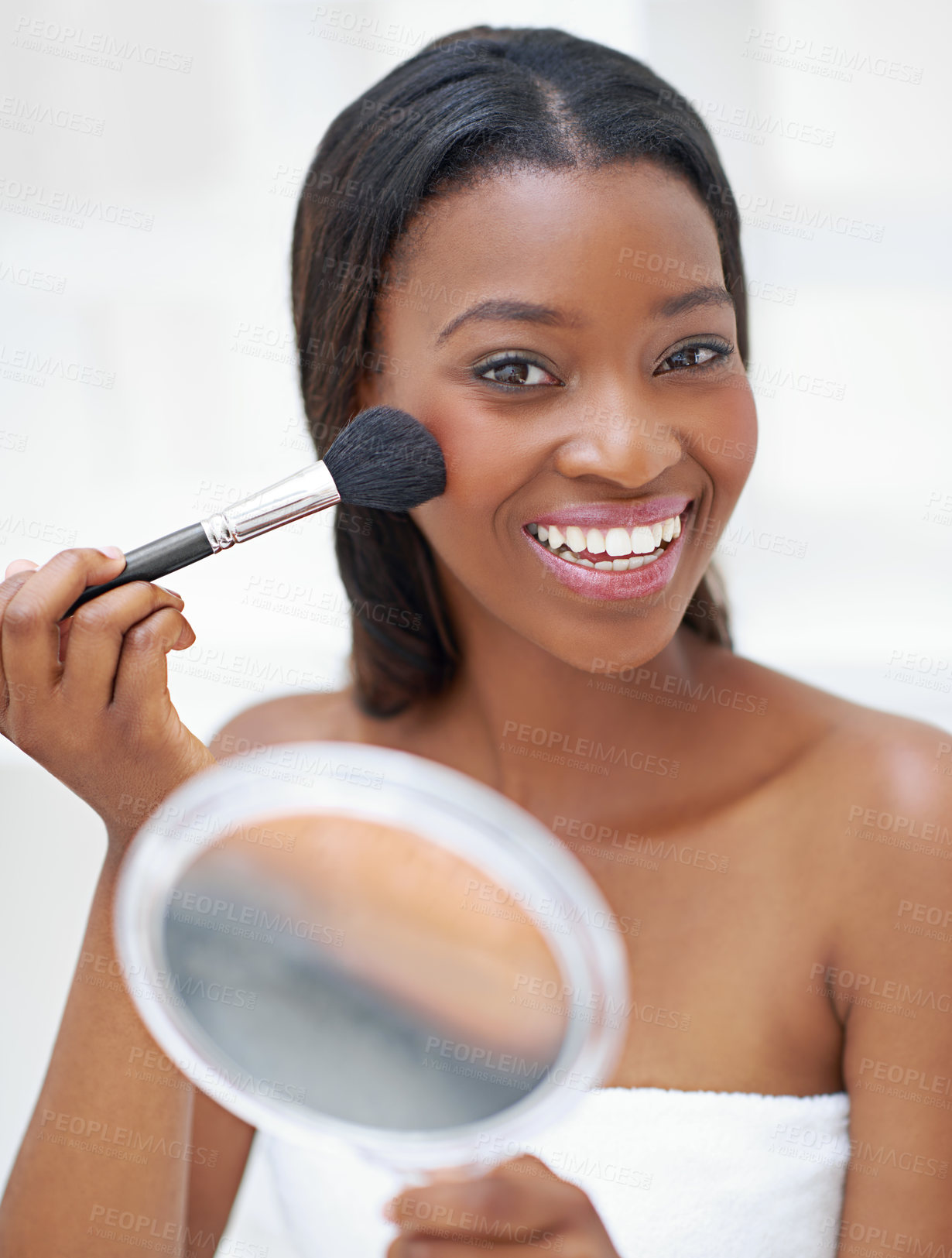 Buy stock photo Makeup, brush and black woman with smile in home for beauty, self care and facial routine for confidence. Blush, cosmetic and portrait of African person with cosmetology treatment for glow in house.