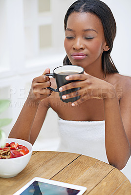 Buy stock photo Black woman, breakfast and coffee in home for relax, morning routine and positive mood with warm drink. Female person, bliss and hot beverage in house as latte or tea for chilling, thinking and peace