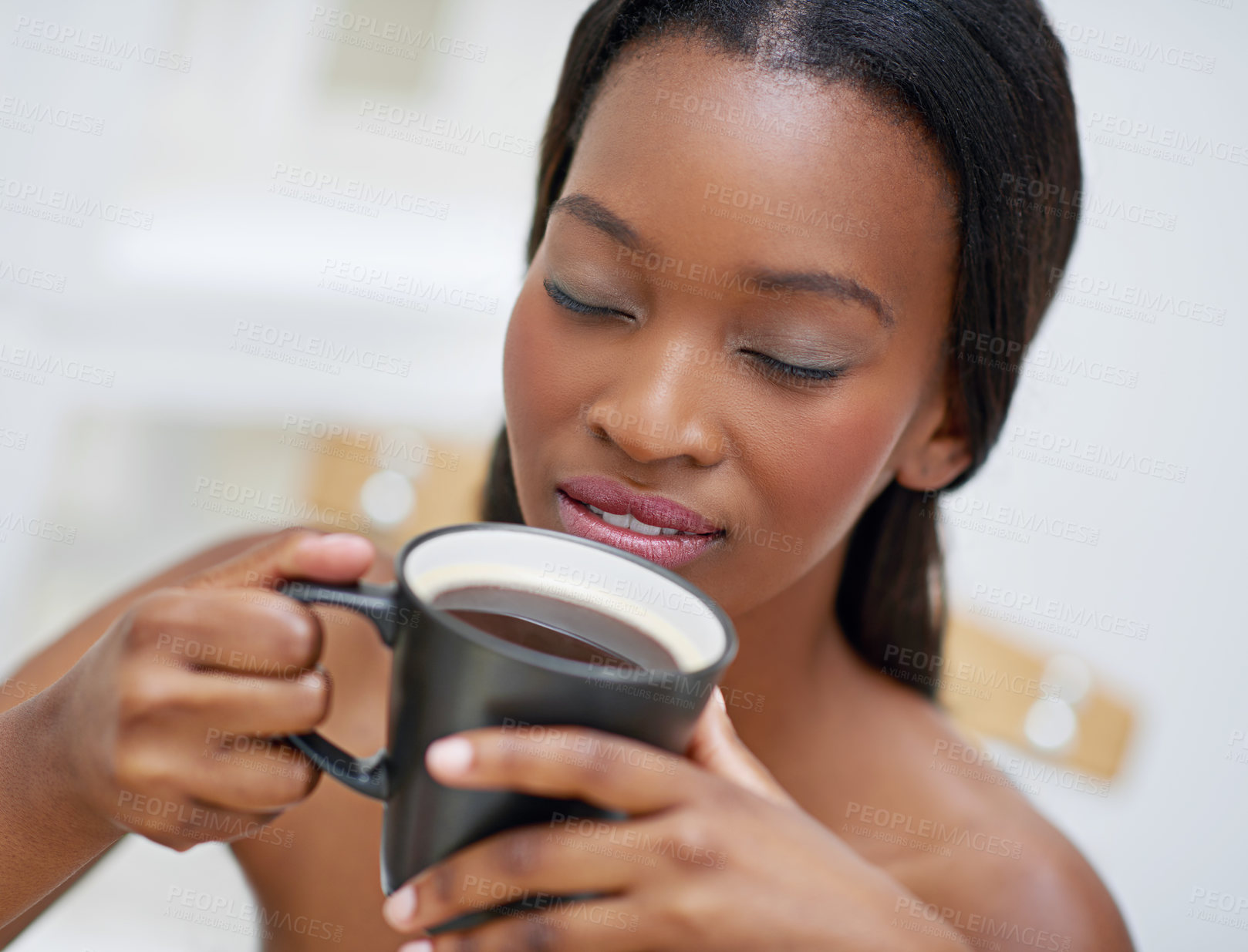 Buy stock photo Black woman, smelling and coffee in house for relax, morning routine and positive mood with warm drink. Female person, bliss and hot beverage in home as aroma for chilling, thinking and thoughtful