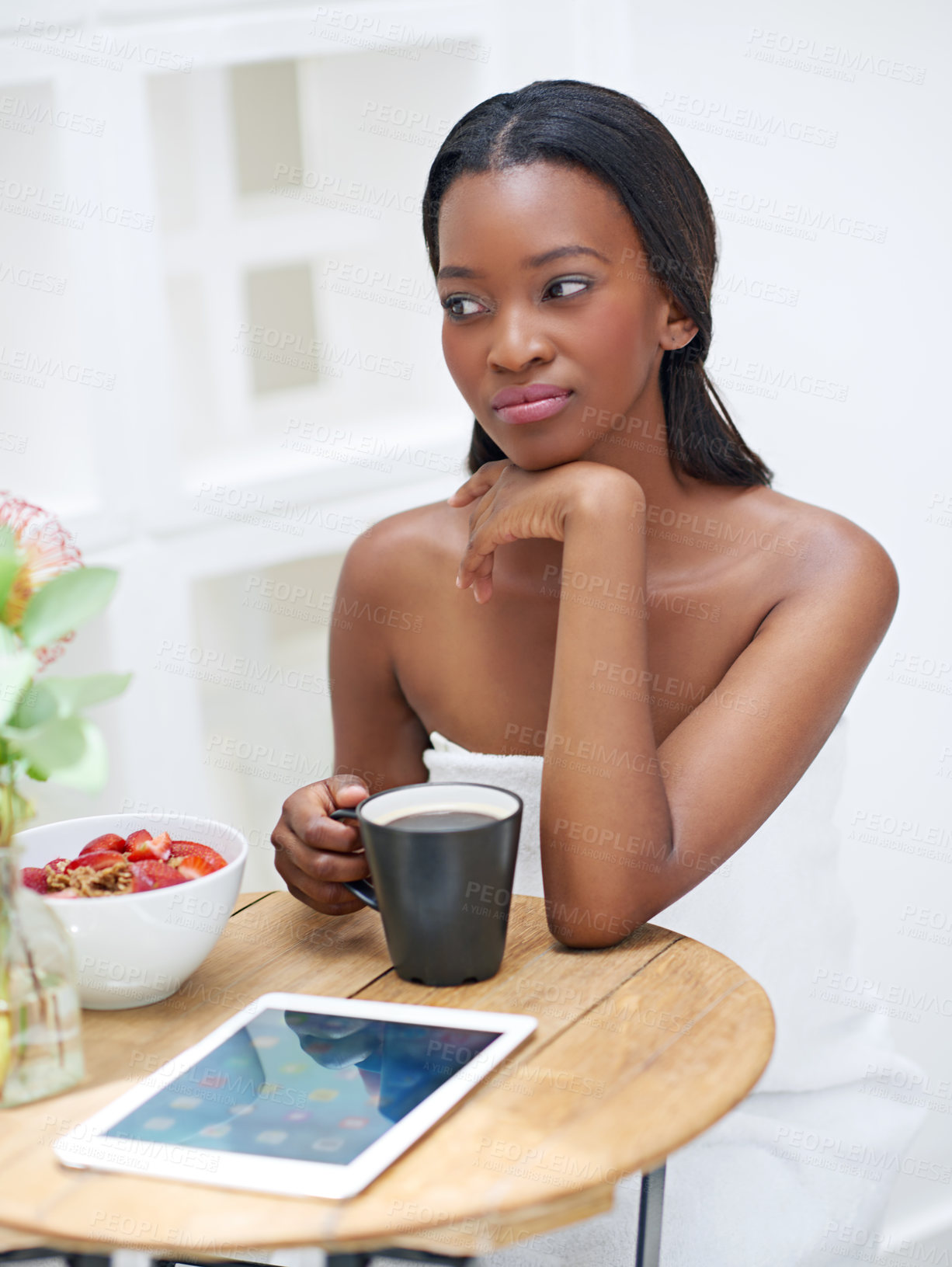 Buy stock photo Black woman, thinking and coffee in house for breakfast, morning routine and latte as warm drink. Female person, vision and hot beverage in home as latte or tea for chilling, comfort and weekend