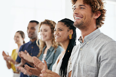 Buy stock photo Happy, business people and applause with team in meeting for presentation, conference or workshop. Group of young employees clapping with smile for celebration, staff training or success at workplace