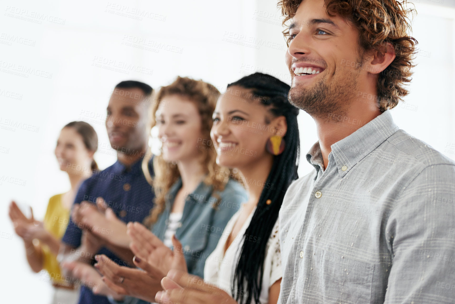 Buy stock photo Happy, business people and applause with team in meeting for presentation, conference or workshop. Group of young employees clapping with smile for celebration, staff training or success at workplace