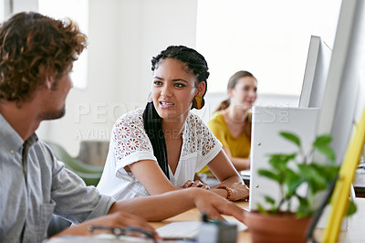 Buy stock photo Woman, computer or people in office talking or speaking of digital business or research project on break. Relax, discussion or employees in conversation about on online blog or internet article 