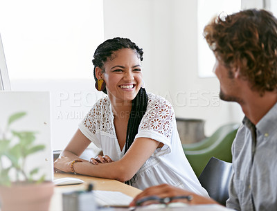 Buy stock photo Woman, laughing or happy people in office talking or speaking of business or research project on break. Relax, discussion or funny employees in conversation about on online blog or internet article 