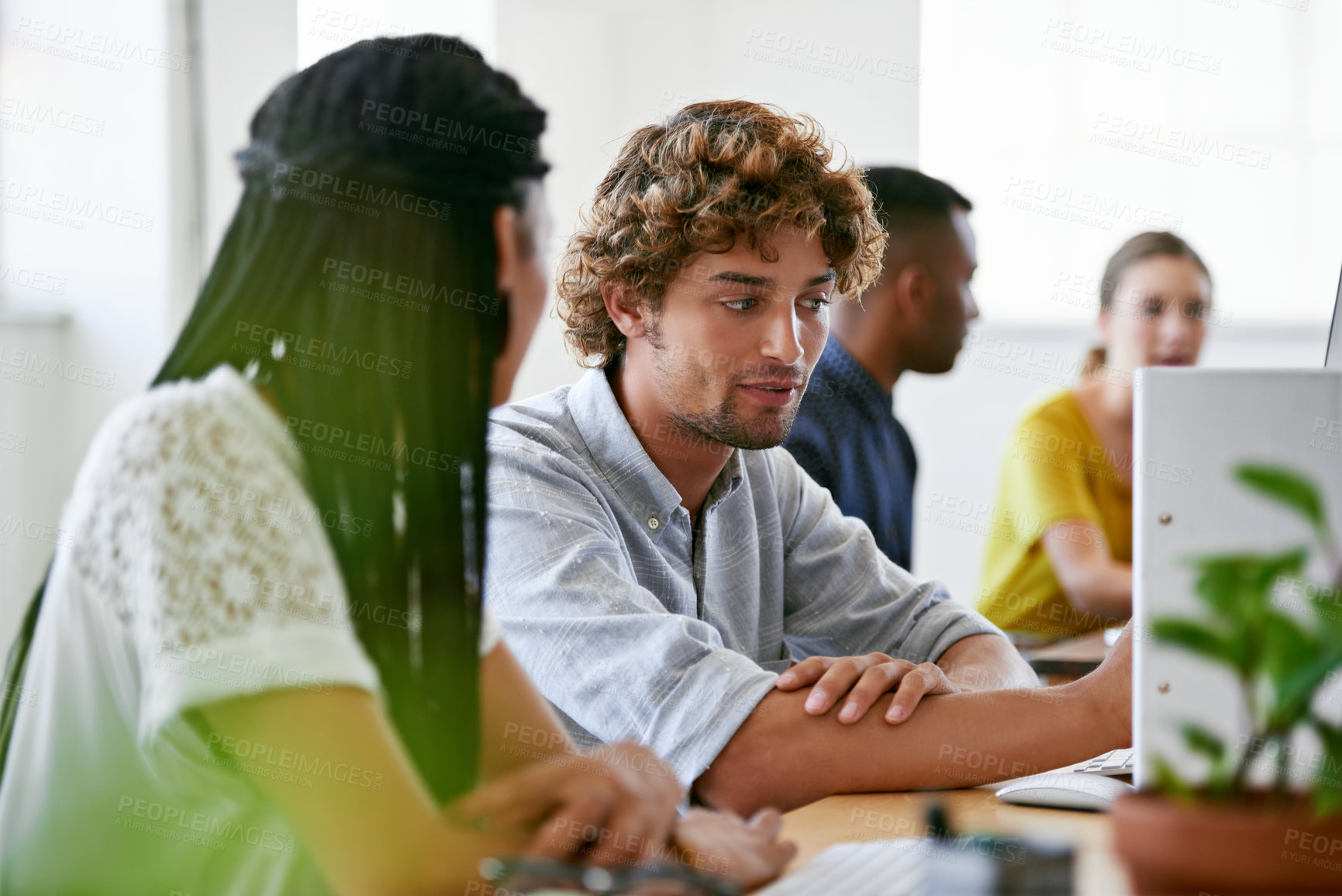 Buy stock photo Teamwork, computer or people in office talking or speaking of digital business or research project. Woman, laptop or employees in conversation about online blog reports or internet article together