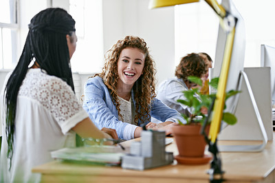 Buy stock photo Women, break or happy people in office talking or speaking of a crazy story, gossip or news together. Funny joke, chatting or woman laughing in conversation or discussion about comedy blog at desk 