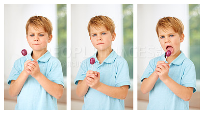 Buy stock photo Child, boy and portrait candy lollipop composite for sucker reward snack, lunch dessert or youth joy. Kid, face and fun eating or hungry collage tongue for junk food, bad diet or party sugar sweets