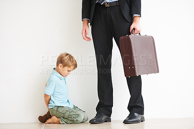 Buy stock photo Man, work and child on floor with sad, love and care by businessman for fear, anxiety and tantrum. Father, tired and professional career in house to help, support and burnout  kid in mental health