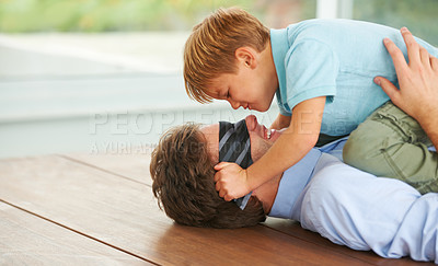 Buy stock photo Man, blindfold and game to play with child, living room floor or happy together by support of businessman. Papa, boy and smile in family home, fantasy and love with hug, care and tie on face
