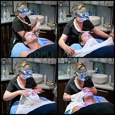 Buy stock photo Composite shot of a man getting a facial treatment at a beauty clinic