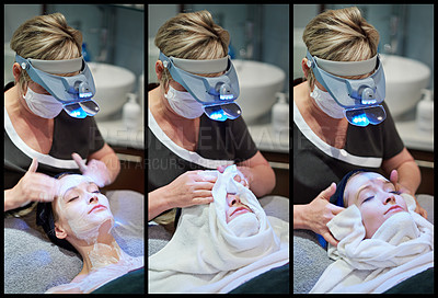 Buy stock photo Composite shot of a woman getting a facial treatment at a clinic